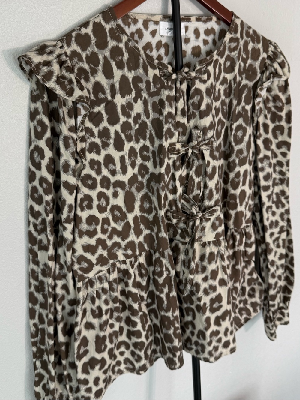 Annie Wear Leopard Print Tie Front Peplum Blouse Brown Cream Women Size XL - Picture 11 of 14